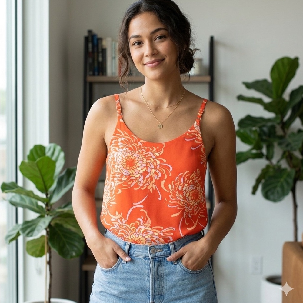 Cabi Orange Mum Floral Tank Top Style 777 Lovley Day XS